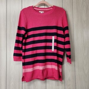 Pink and Navy Striped Sweater 3/4 Sleeves Women's Large